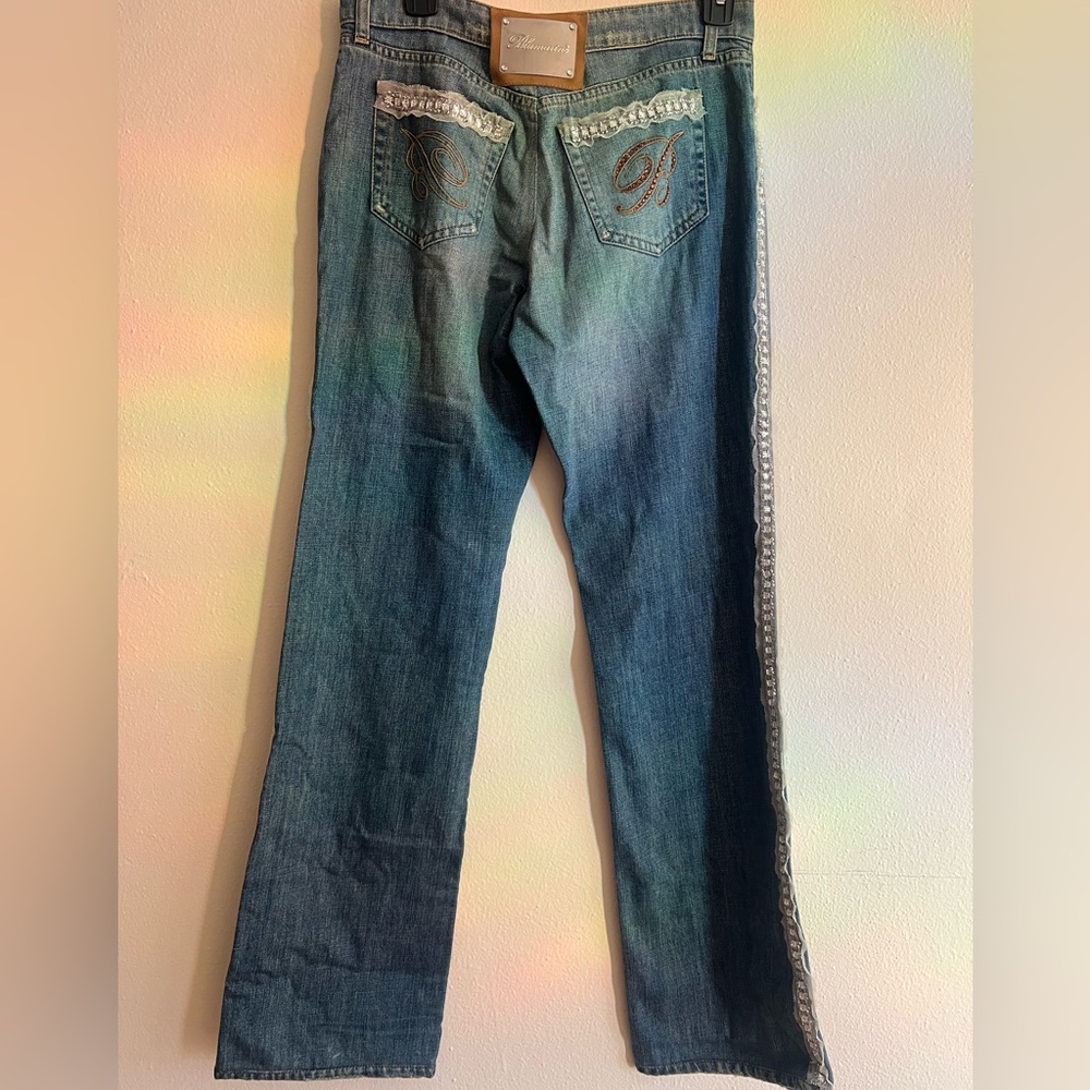 Blumarine Italy Blue Boot Cut Jeans with Embroidery Crystal Sequins Waist 30” - Picture 8 of 13